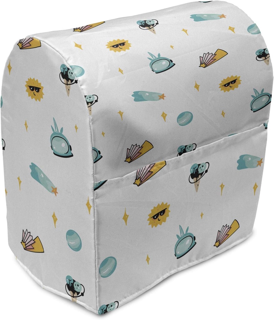 Ambesonne Summer Stand Mixer Cover, Ice Cream Sun in Sunglasses Shooting Stars Planets Cosmos, Kitchen Appliance Organizer Bag Cover with a Pocket, 6-8 Quarts, Turquoise and Earth Yellow