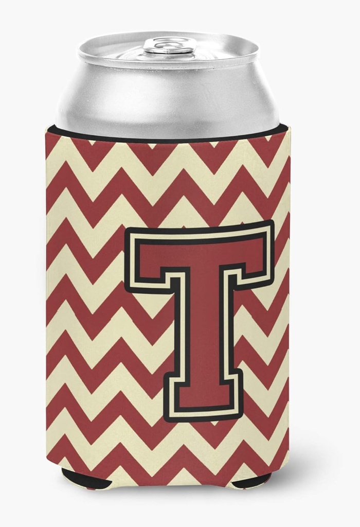 Caroline's Treasures CJ1061-TCC Letter T Chevron Maroon and Gold Can or Bottle Hugger Cooler Washable Drink Sleeve Collapsible Beverage Insulated Holder, Can Hugger, Multicolor