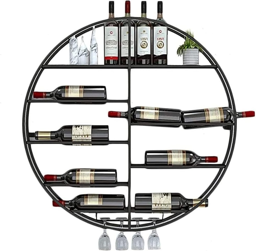 Round Wall Mounted Wine Rack, Black Metal Stemware Racks Wine Bottles and Glass Racks, Wrought Iron Bar Wine Cellar Kitchen Floating Shelves - 60cm 70cm 80cm