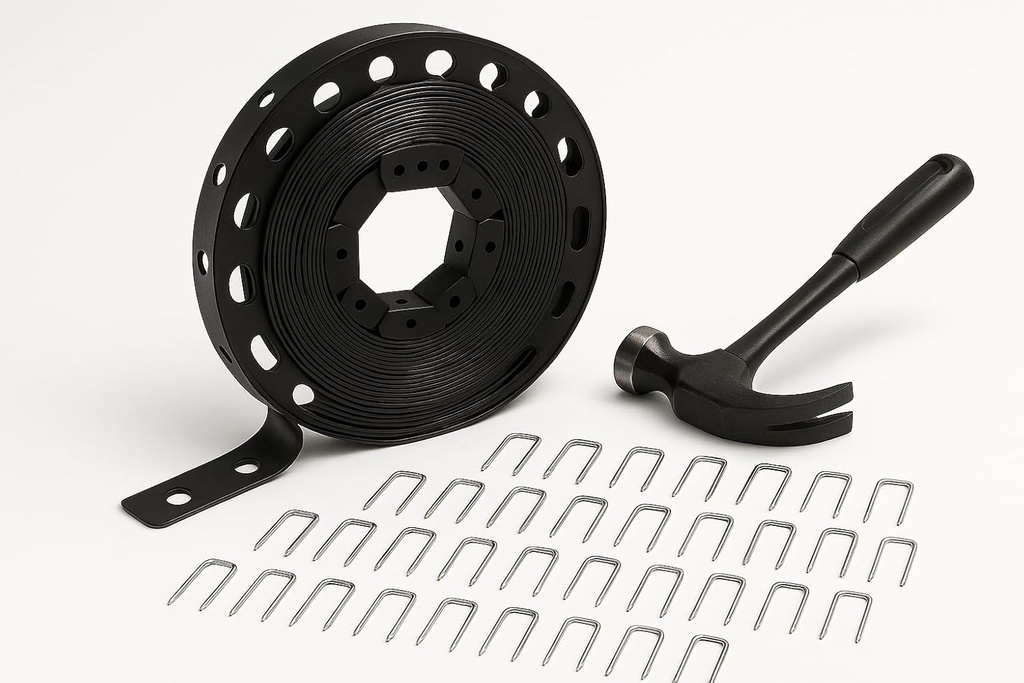 Garden Edging Kit for Landscaping 32ft L Shaped Border 2 Inch Tall Flexible Plastic Includes 50 Metal Stakes Plus Installation Hammer for Flower Beds Lawn and Yard