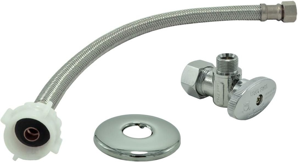 Toilet Connector Water Line Kit with 12" Length Long 3/8" COMP x 7/8" BC Toilet Connector Hose, 1/2 inch NOM Inlet x 3/8 inch OD Compression Outlet Angle Shut Off and Escutcheon Plate