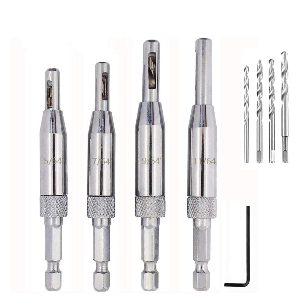 4pcs 5/64 7/64 9/64 11/64 Self Centering Drill Bit Set 1/4" Hex Handle for Wooden Door and Window Hinges with Hex Key L 4 Drill Bits