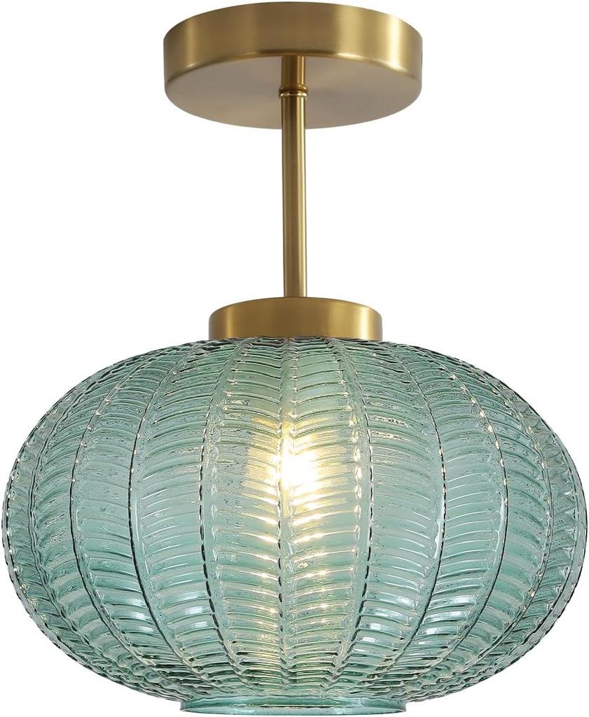 KCO Lighting Mid Century Modern Green Ceiling Lighting Green Glass Flush Mount Ceiling Light Brass Semi Flush Mount Ceiling Light Vintage Globe Light for Bathroom Bedroom