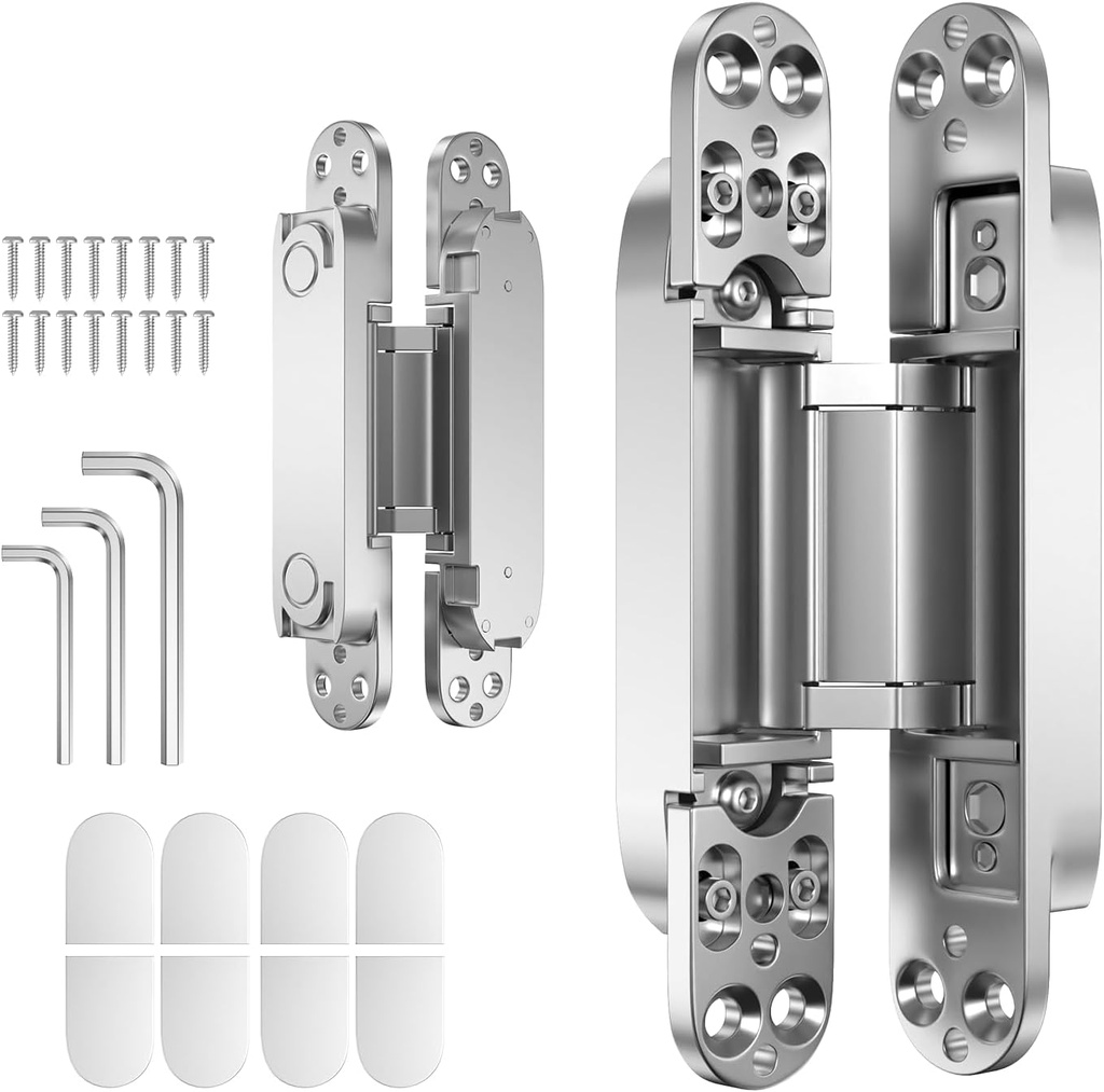 7" 2 pcs Hidden Hinges for Doors Invisible Hinges Concealed Zinc Alloy 180 Degree Swing 3 Way Adjustable Butt Silent Door Hinge 7 x 2.8 x 1 inch (Silver)