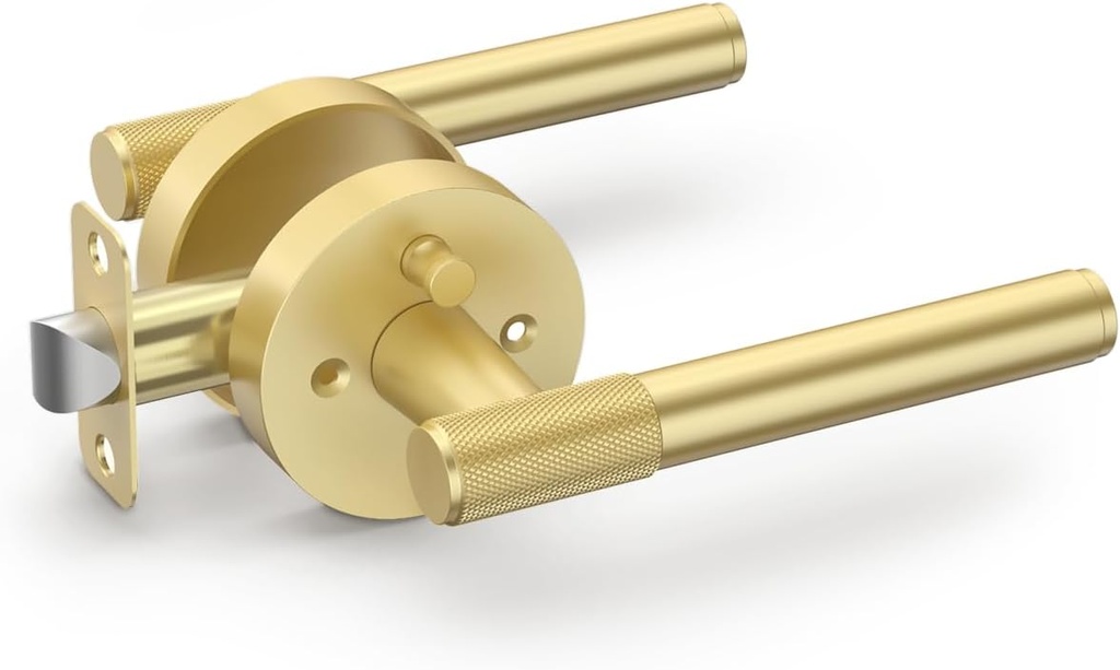 Asidrama 1 Pack Privacy Gold Door Handles, Door Lever with Door Knobs Indoor for Bedroom or Bathroom, Heavy Duty Brushed Gold Door Handles Interior with Locks for Left Right Sided Doors