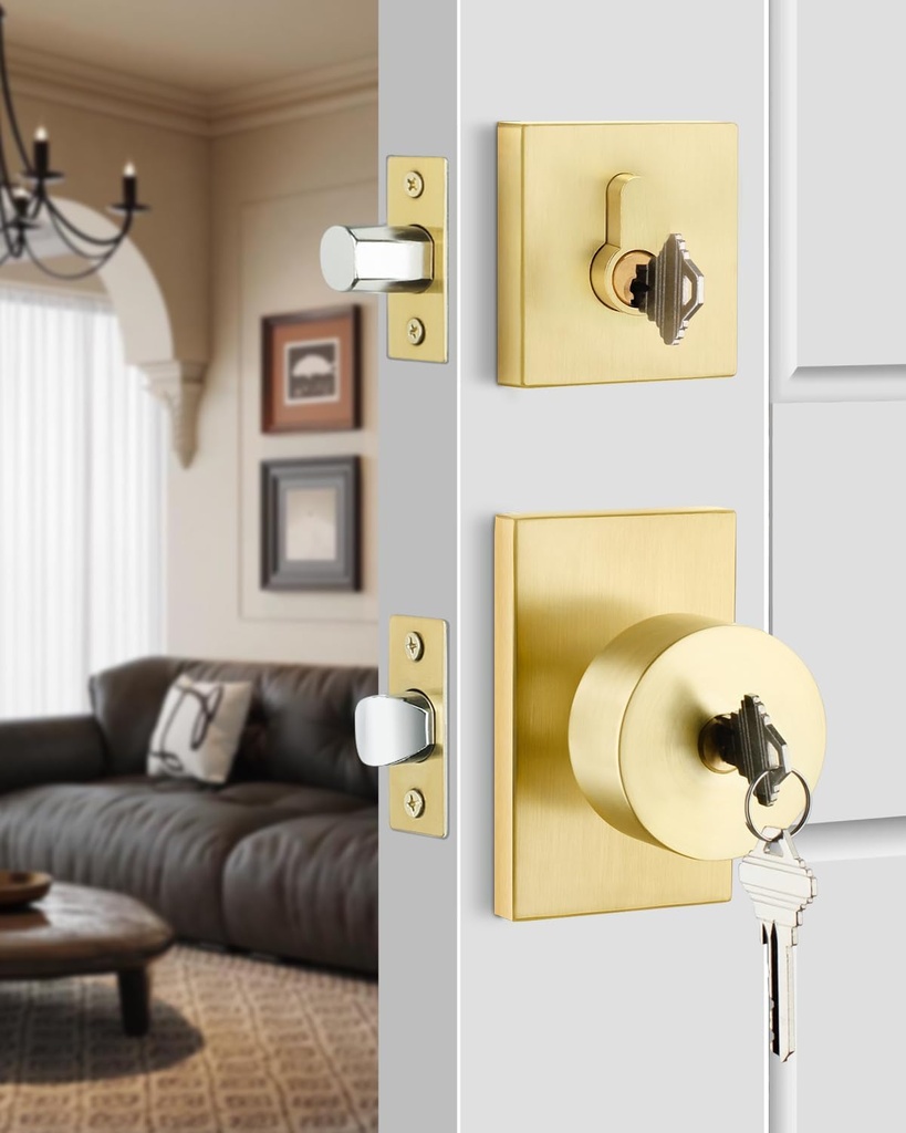 Haidms Gold Door Knob with Deadbolt, Heavy Duty Brushed Gold Exterior Door Lock Set, Zinc-Alloy Brushed Brass Front Door Knob and Deadbolt Set(1 Pack)