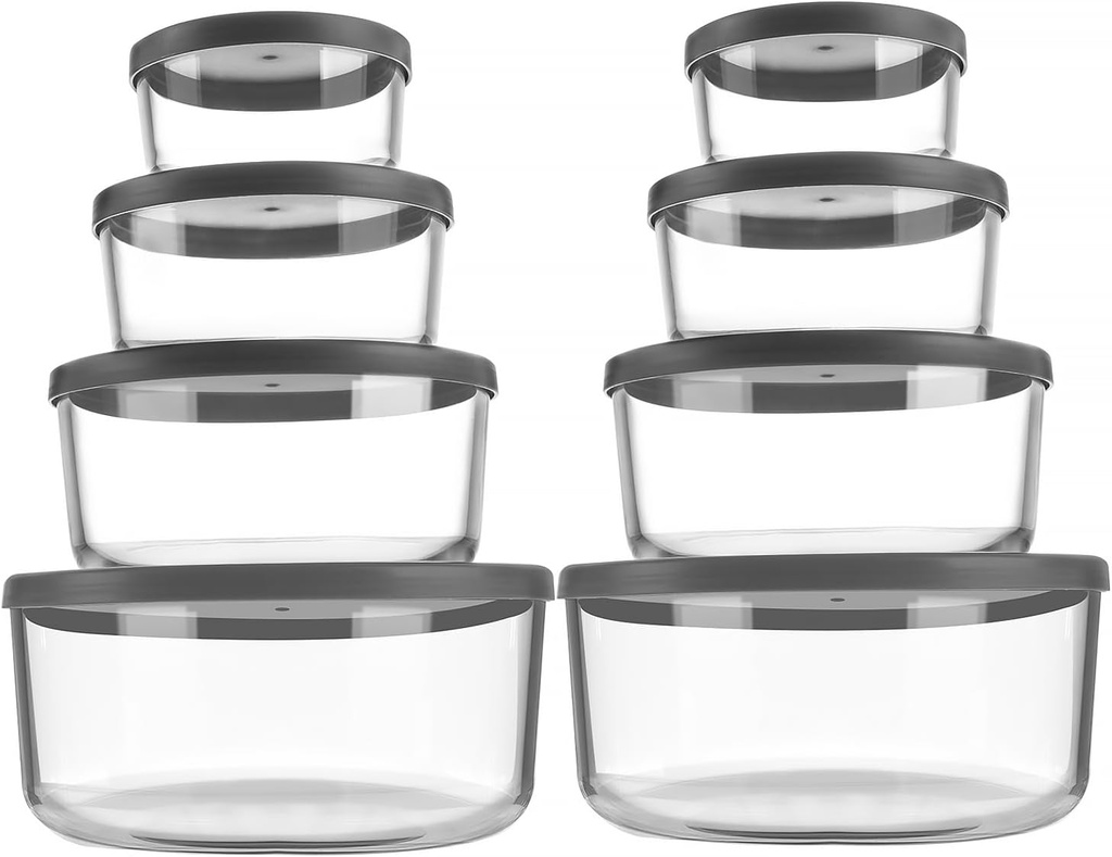M MCIRCO 8-Pack Glass Food Storage Containers Set, Round Containers with Lids, 7, 4, 2 & 1-Cup, Microwave Dishwasher Friendly, BPA-Free Meal Prep Containers