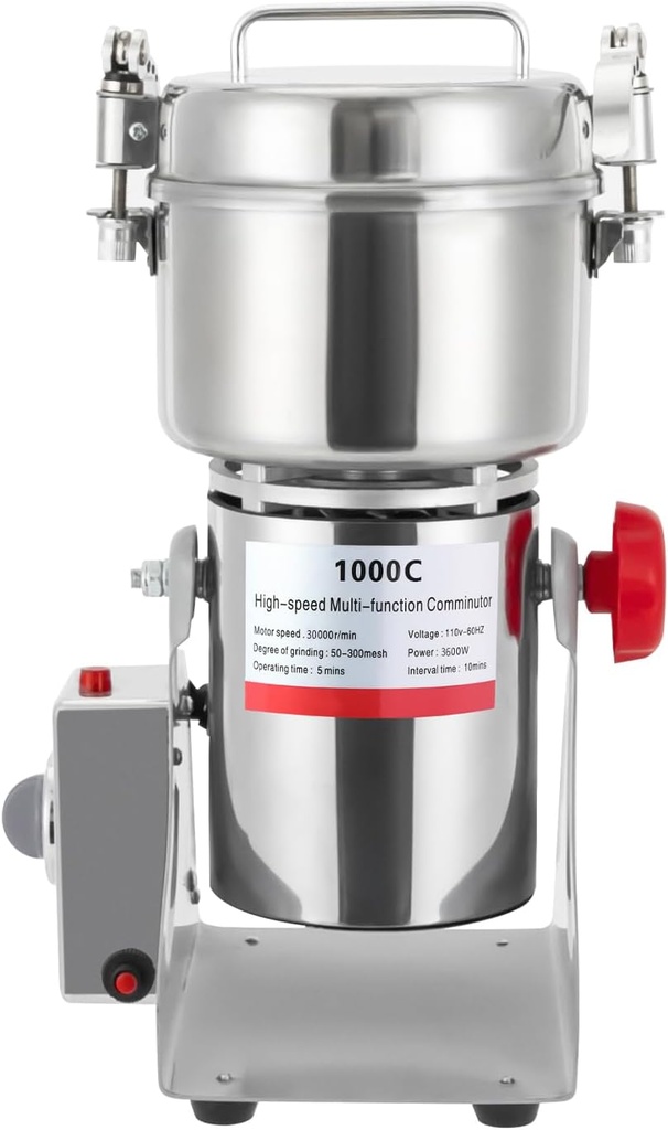 1000g Electric Grain Mill Grinder, Food-grade 304 Stainless Steel Pulverizer Grinding Machine, High-speed 30000r/min Commercial Corn Mill for Kitchen Herb Spice Coffee (1000g)