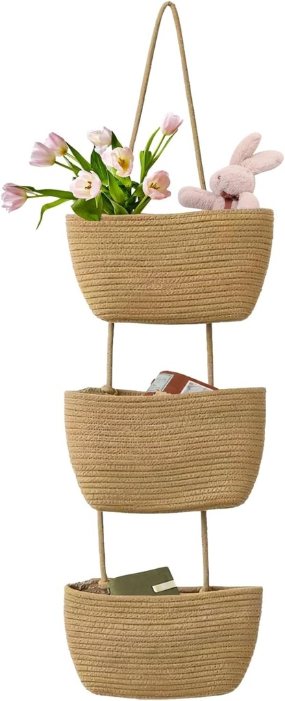 3-Tier Wall Hanging Storage Basket, Woven Cotton Rope Basket Organizer, Nursery Organization Basket, Khaki Over The Door Basket Organizer for Living Room, Bedroom, Kitchen