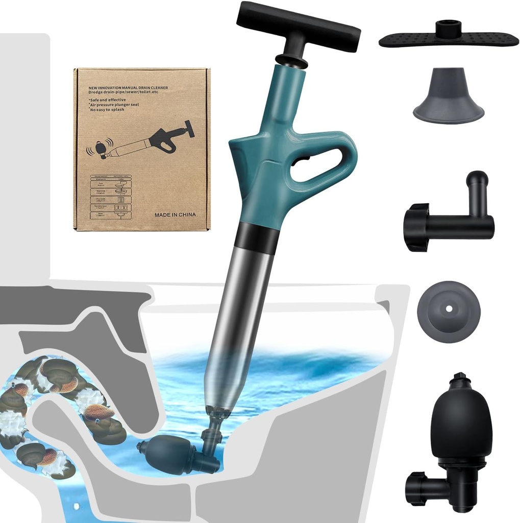 Toilet Plunger,High Pressure Air Drain Blaster Gun,Stainless Steel Air Plungers,Toilet Snake for Toilet, Bathroom, Floor Drain, Kitchen Pipes (Green)
