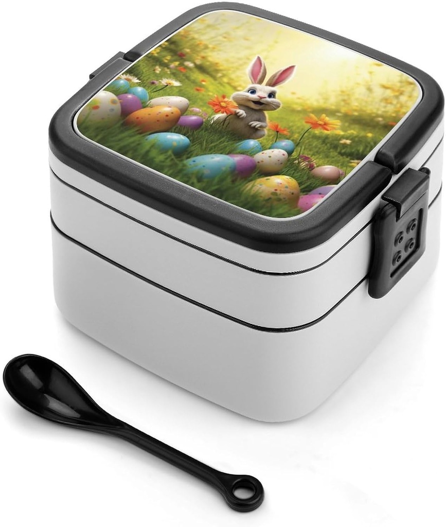 All-in-One Bento Box Stackable Leak-Proof Lunch Box With Carry Handle 2 Layer Portable Meal Prep Container Happy Easter Day Lunchbox with Utensils for Dining Out Work