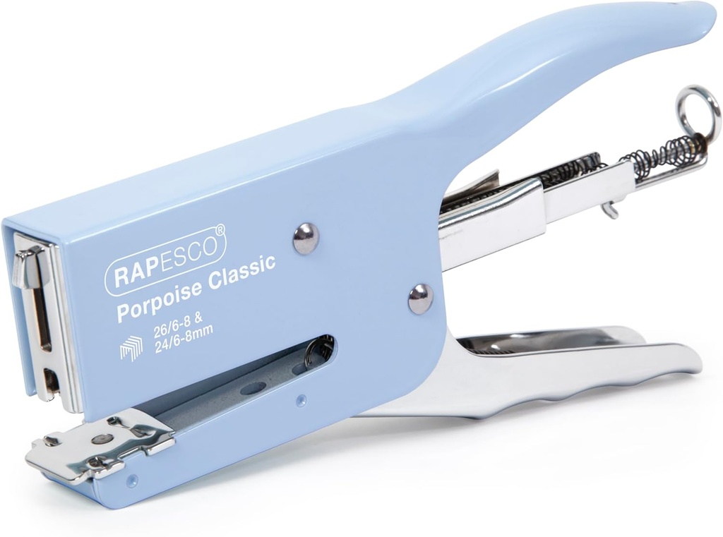 Rapesco 1346 Porpoise Classic Stapling Plier, 45 Sheet Capacity, Uses Type 26 Standard (1/4" and 5/16") and Type 24 High-Capacity (1/4" and 5/16") Staples, All Metal, Powder Blue
