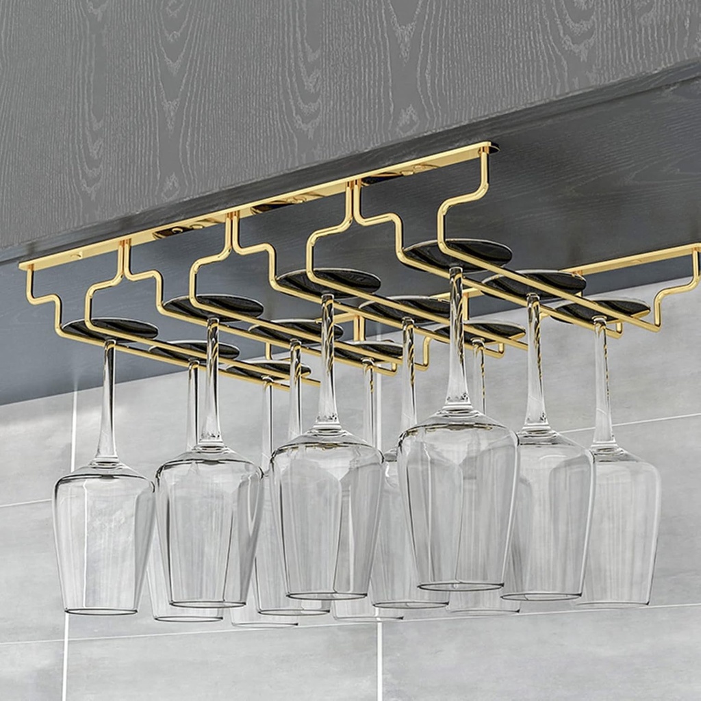 Gold Wine Glass Rack Hanging Metal 304 Stainless Steel Under Cabinet Shelf Stemware Racks Wine Champagne Goblets Holder for Kitchen Bar Pub (Size : 46x28x5.5cm)