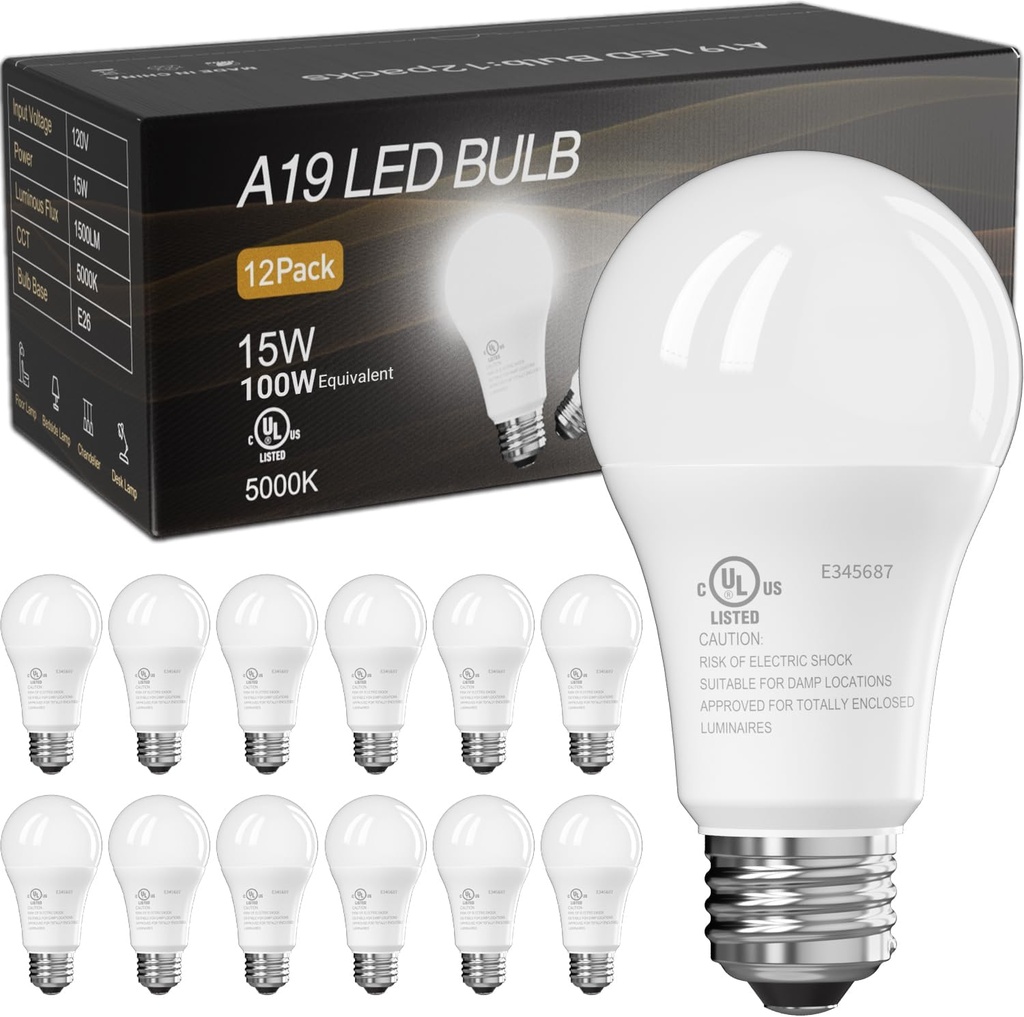TJOY LED Light Bulbs, 100 Watt Equivalent A19, 5000K Daylight LED Bulb, 15W Bright White Energy Saving Lightbulbs with E26 Standard Base, 1500 Lumens Non Dimmable Lamp for Home Bedroom Indoor, 12 Pack