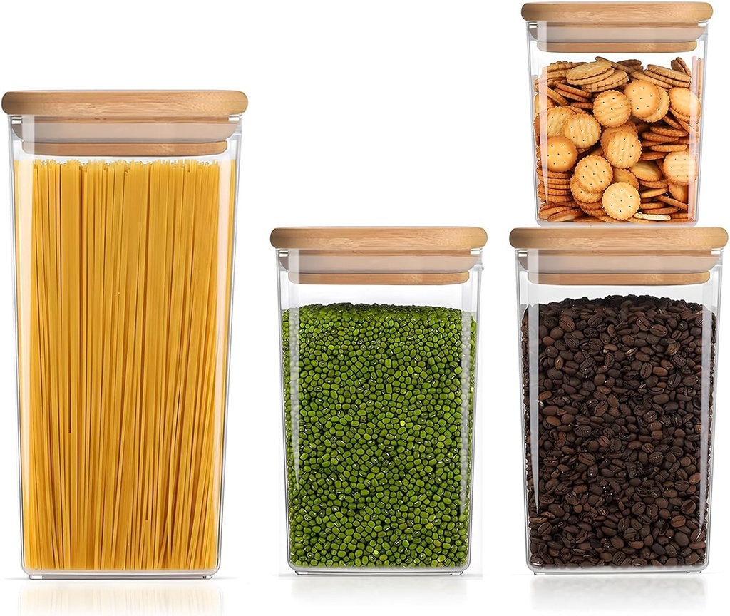 Square Storage Containers with Lids, Clear Food Storage Container Jar with Sealing Bamboo Lid for Noodles Flour Cereal Rice Sugar Tea Coffee Beans