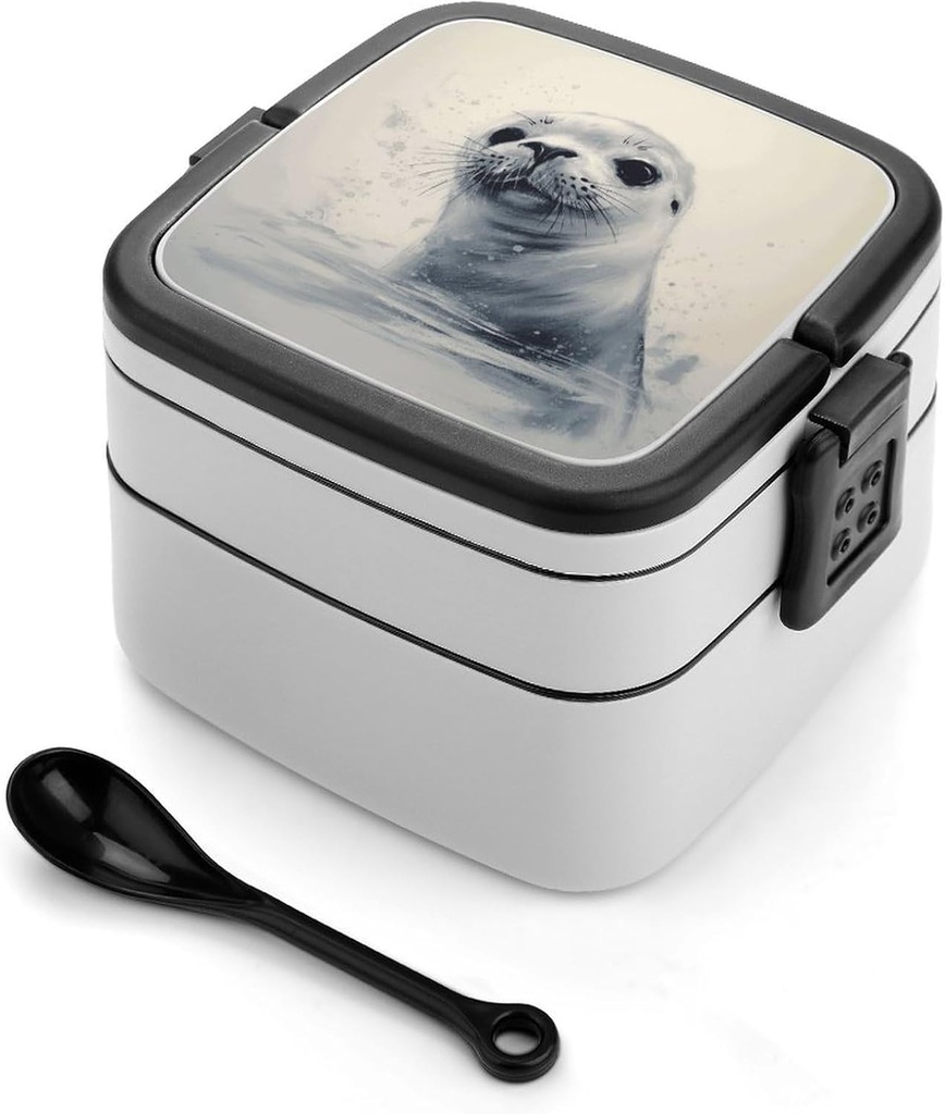 Harp Seal Painting Bento Box Adult Lunch Box All-in-One Lunch Containers with Removable Compartments Double Layer Bento Lunch Box with Spoon And Handle Stackable Lunchbox