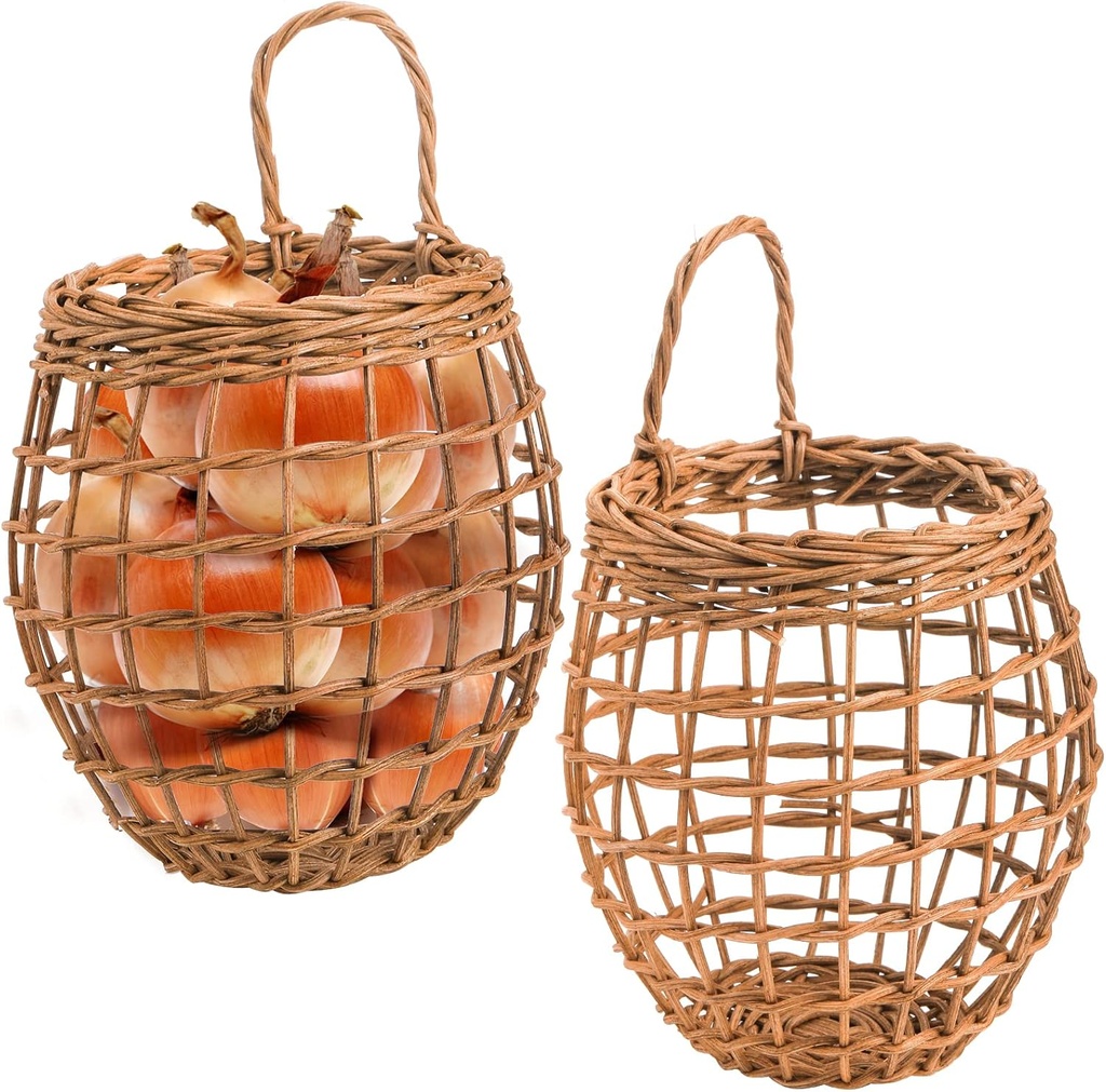 Elsjoy Set of 2 Hanging Wicker Baskets, Wall Mount Rattan Storage for Kitchen, Pantry for Onion, Garlic, Potato