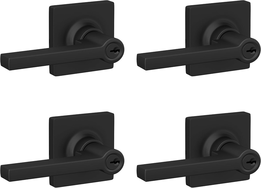 Lock Scout Straight Lever with Square Trim Keyed Entry Door Handle, Matte Black Finish, 4 Pack
