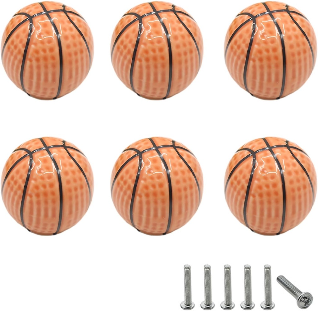 Cute Ceramic Basketball Drawer Knobs Cabinet Pulls Handles Basketball Ceramic Knobs for Cabinets and Dresser Drawers Cupboard Wardrobe Closet (6 Pack, Basketball)