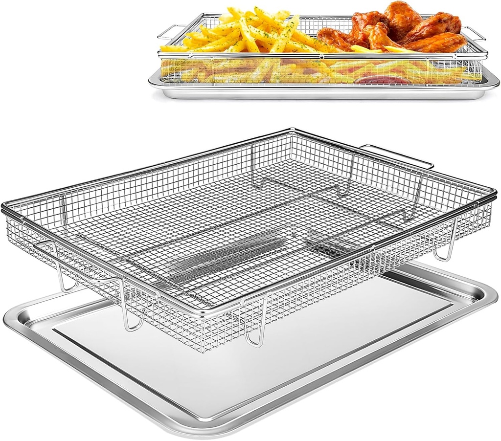 Upgrade Air Fryer Basket for Oven, 2 Pieces 15" x 11" Large Air Fryer Tray Stainless Steel Air Fryer Pan Rack Air Fryer Basket and Tray for Oven Cooking Baking and Broiling, Dishwasher Safe