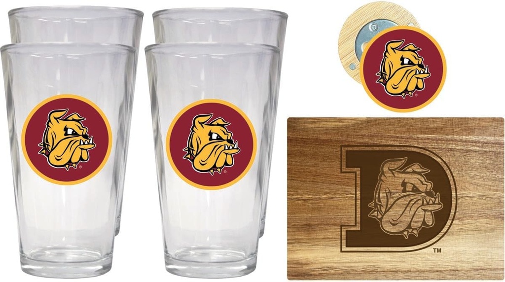 R and R Imports Minnesota Duluth Bulldogs Officially Licensed Kitchen Pack - Wood Cutting Board, 4 Pint Glasses & Magnetic Bottle Opener