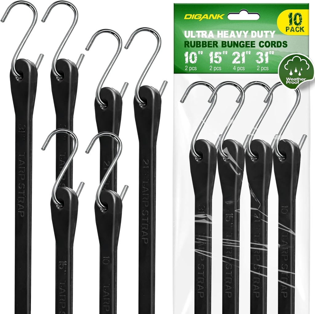 Bungee Cords with Hooks (10 Pack) Heavy Duty Outdoor Rubber Tarp Straps in 10", 15", 21", 31" Sizes, Crimped S Hooks for Cargo, Bikes, Camping Gear, Luggage - Max Stretch 1.5X, Load 180 lbs