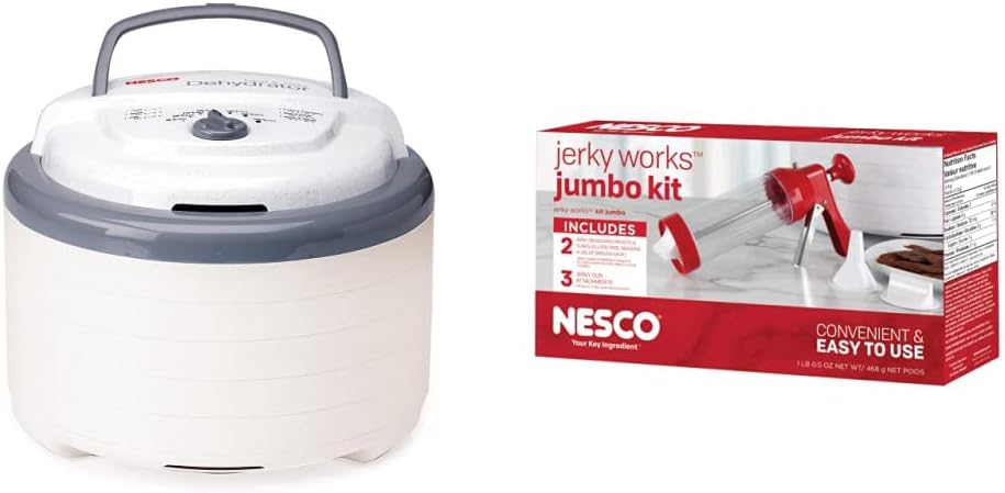 NESCO FD-75A Snackmaster Pro Food Dehydrator, For Snacks, Fruit, Beef Jerky, Gray & Jumbo Works Beef Jerky kit, 1, Red