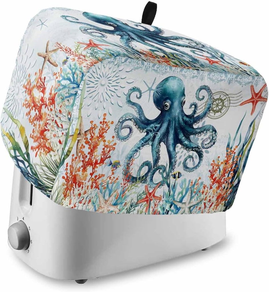 Octopus Toaster Cover 2 Slice with Pockets, Nautical Colorful Seagrass Coral Starfish Ocean Dustproof Cover for Kitchen Small Appliances and Fingerprint Protection, Kitchen Bread Machine Protector