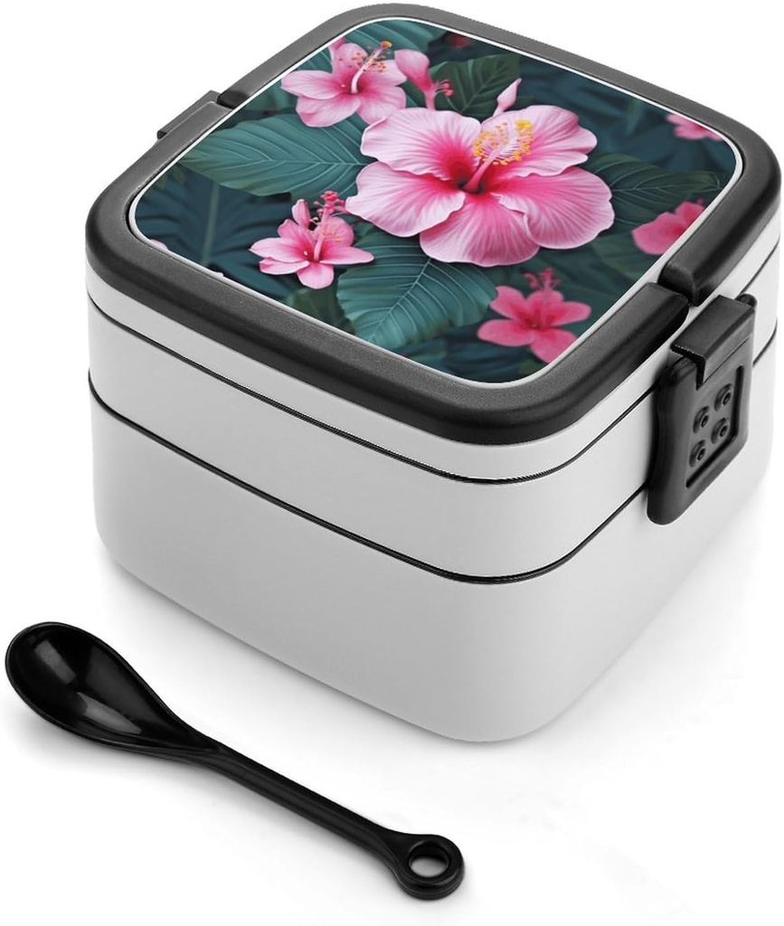 Stackable Double-Layer Bento Box Hawaii Flower Adults Lunchbox with Spoon Cute Japanese Bento Box Dishwasher Safe for Work Travel Dining Outc