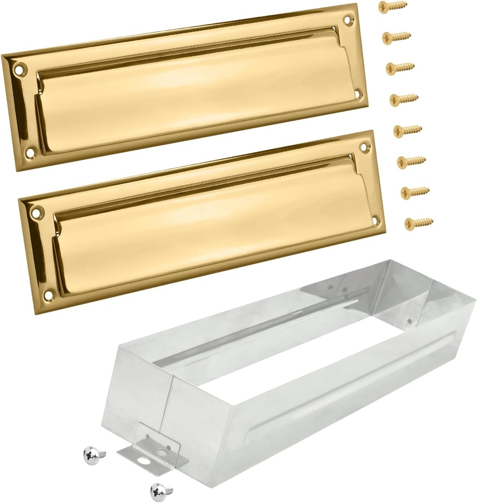 Nuk3y Solid Brass Mail Slot with Double Flap and Sleeve (Polished Brass, 13" x 3.625")
