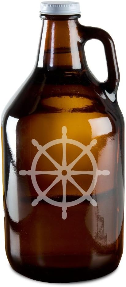 Pirate Ship Wheel Hand-Made Etched Glass Beer Growler 64 oz