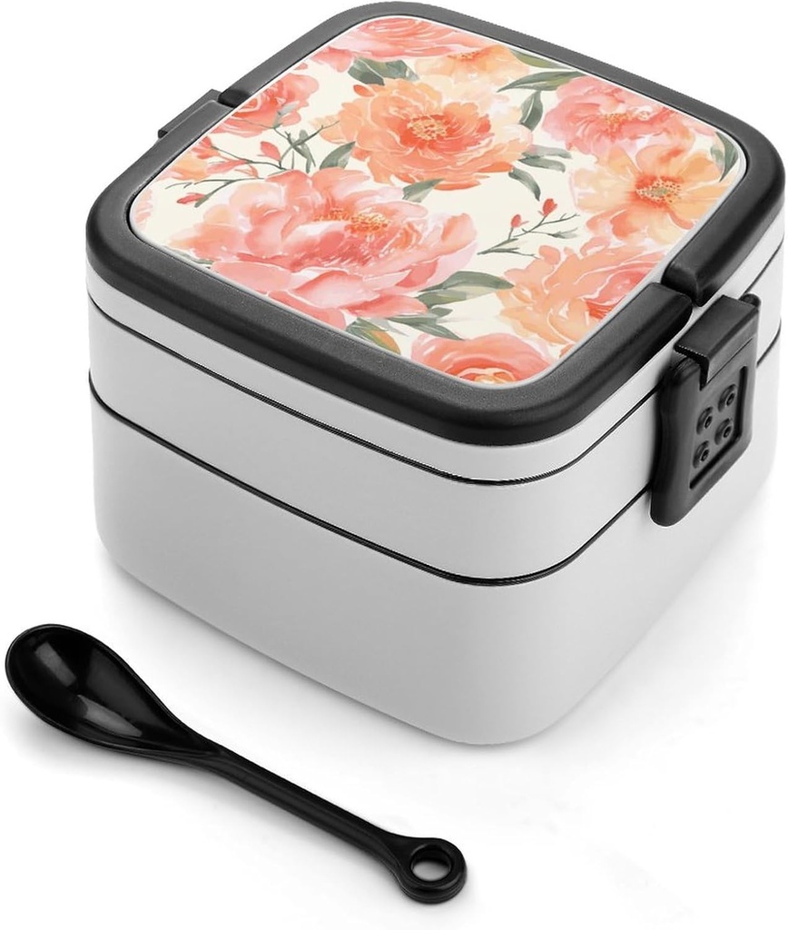 Peach Peony Bento Box Adult Lunch Box All-in-One Lunch Containers with Removable Compartments Double Layer Bento Lunch Box with Spoon And Handle Stackable Lunchbox