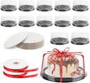12Pcs 10 Inch Plastic Disposable Cake Containers with Lids and Cake Boards,Ribbon | Round Cake Container Carriers Clear Cake Box for Transport, Storing, Display Cakes