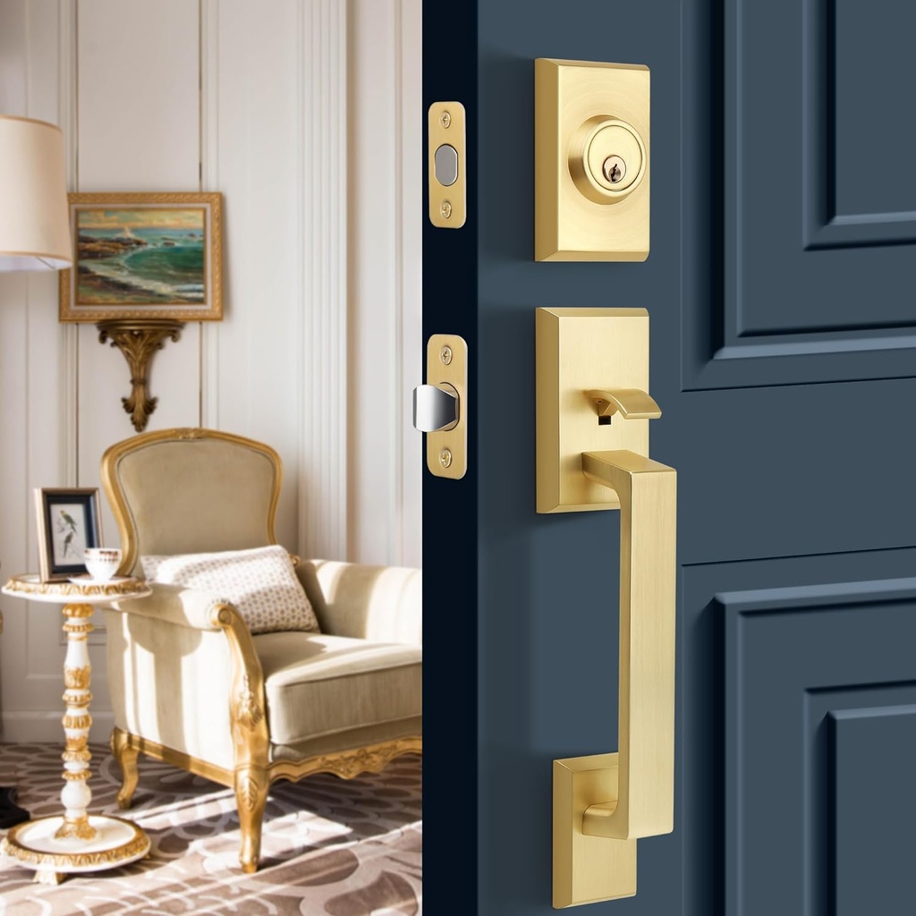 Brushed Gold Heavy Duty Front Door Handle Set, Exterior Door Lock Set with Single Cylinder Deadbolt,Reversible for Right & Left Side, Satin Brass