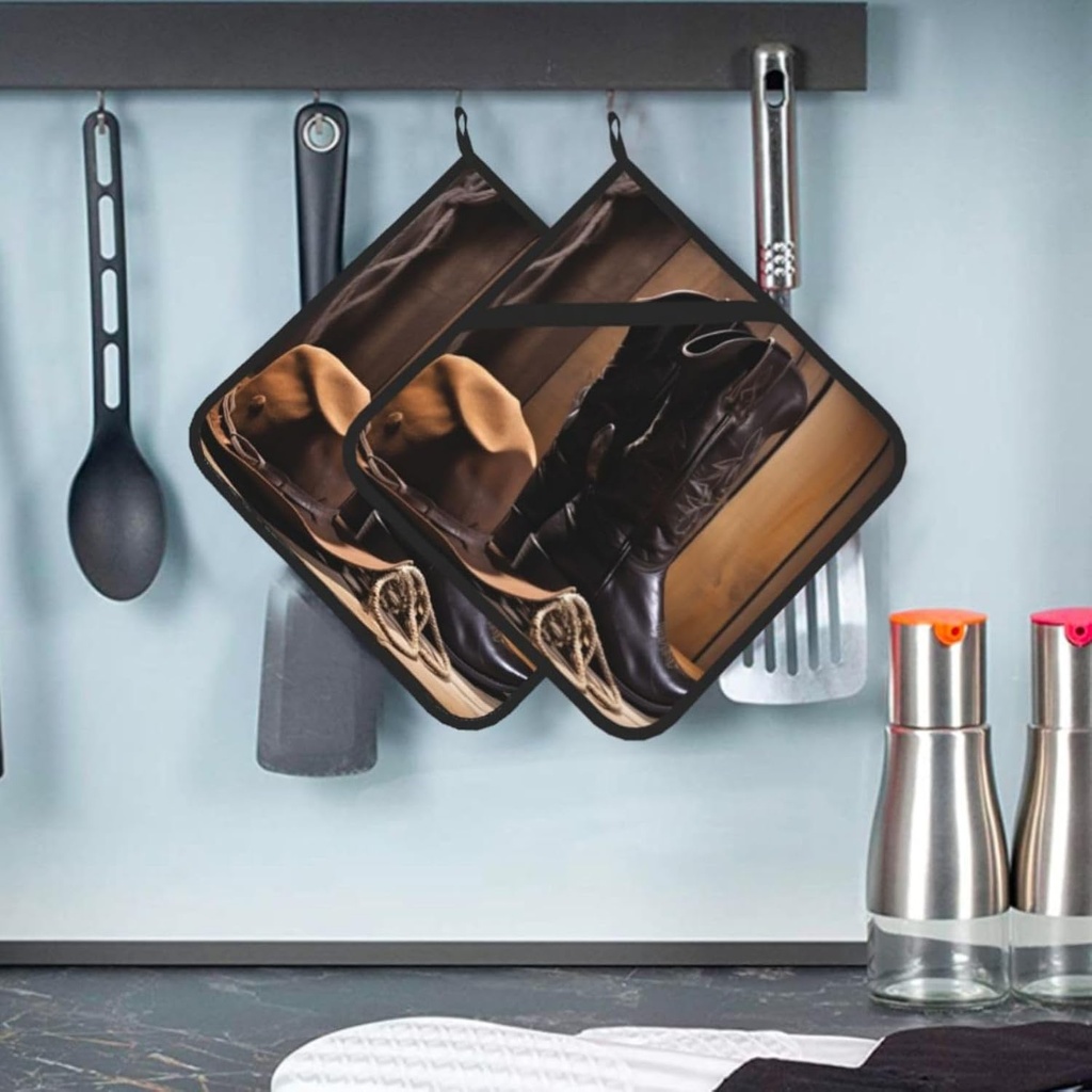 2 Pcs Pot Holders for Kitchen, Heat Resistant Cotton Potholers Cowboy Black Hat Western Boots Oven Hot Pads for Microwave Cooking Baking BBQ