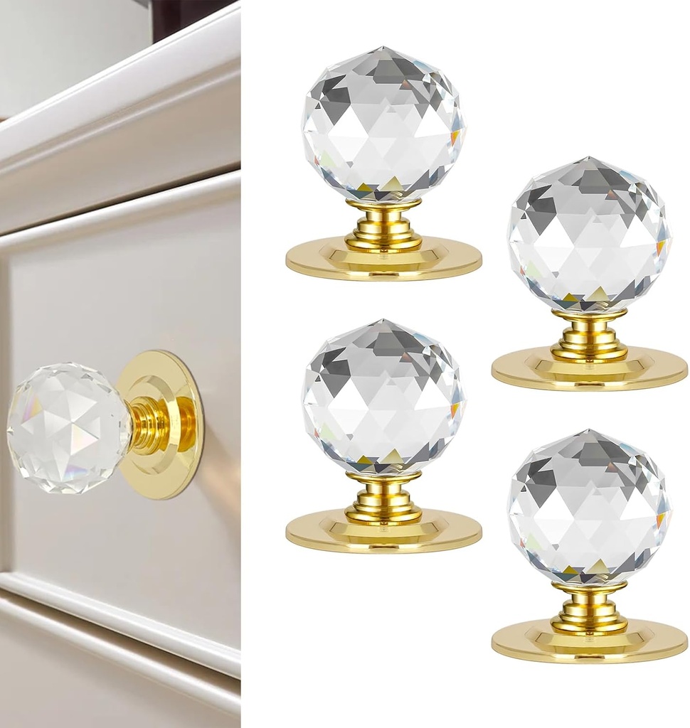 1-3/5 Inch Round Clear Crystal Self Adhesive Knobs 40mm Ball Cabinet Handles for Drawers Mirrors Cupboards Glass Sliding Doors Windows Staircase Corner Decor Peel and Stick Pulls (2, Gold)