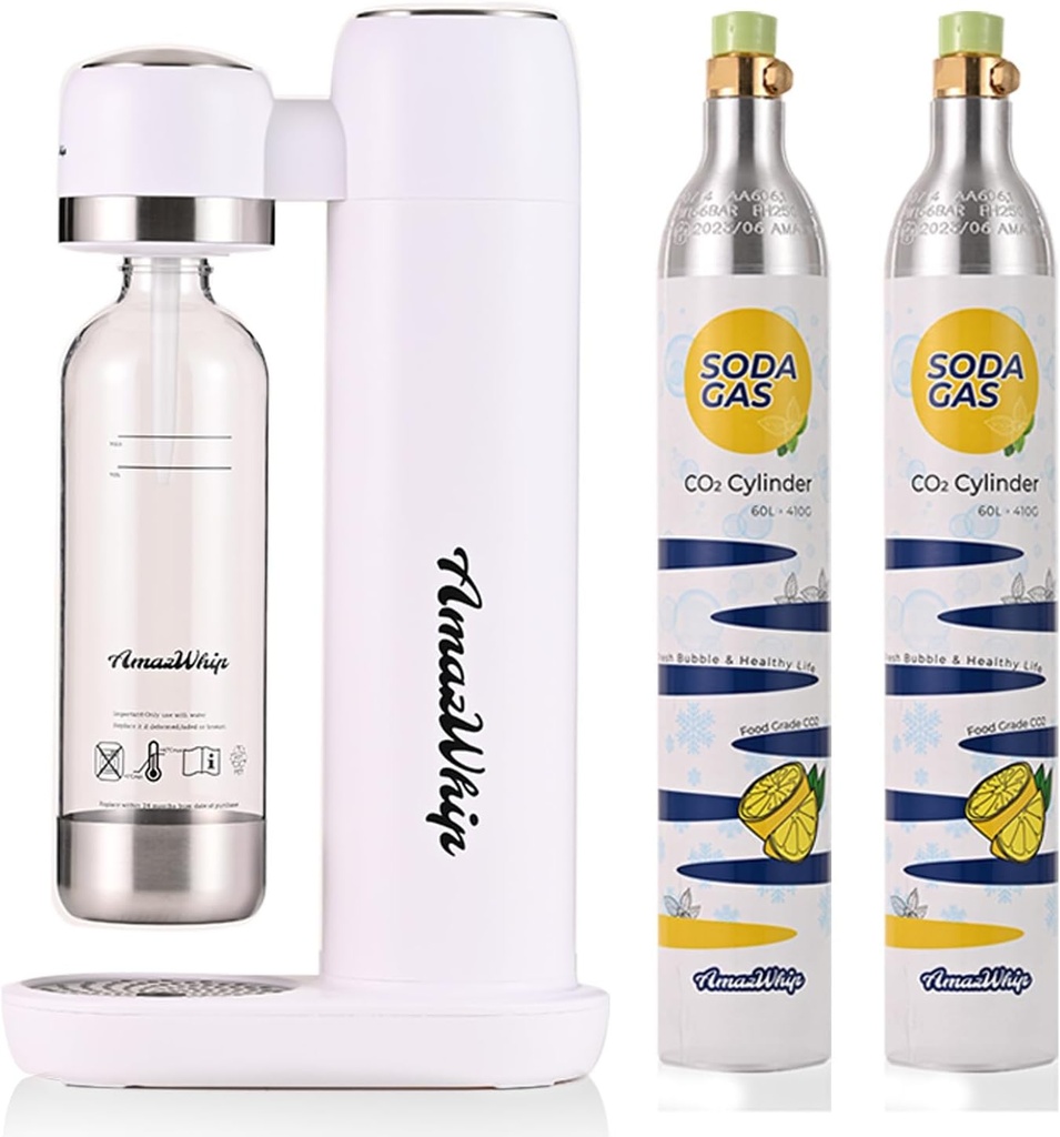Sparkling Water Maker - Paired with CO2 Gas Canisters and 1L Water Bottles for Household Soda (White + 2 Canisters)