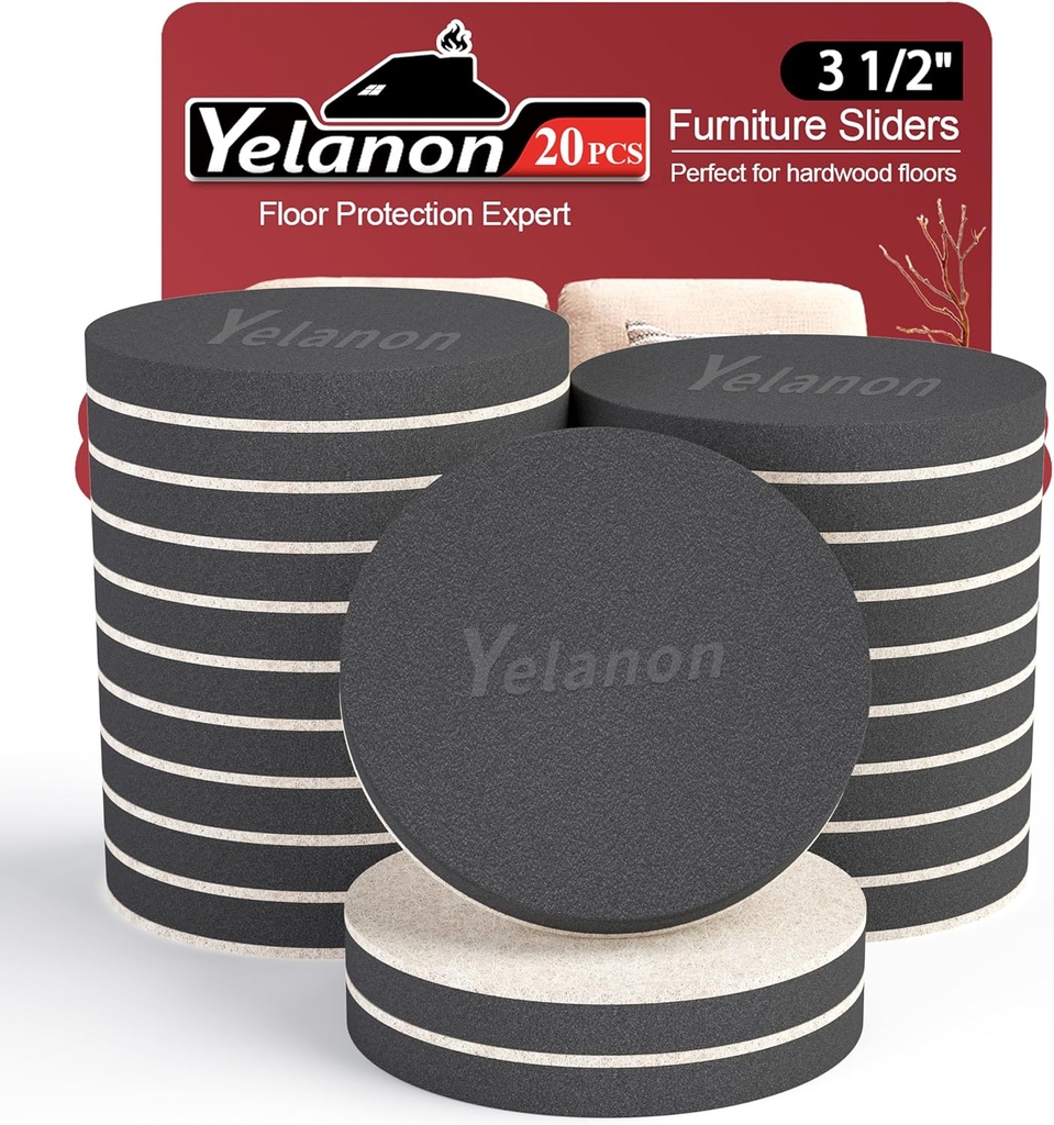 Yelanon Felt Furniture Sliders, 20pcs-3 1/2” Furniture Sliders for Carpet, Furniture Pads Hardwoods Floors, Heavy Furniture Movers Sliders, Reusable Moving Pads, Floor Protectors for Carpet