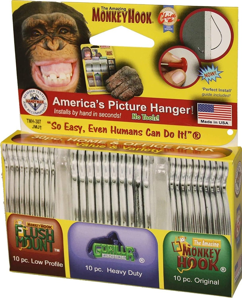 Monkey Hooks Picture Hangers Home and Office Pack, Gorilla Hook, Drywall Hooks for Hanging Pictures, Wall Hooks, Picture Hangers, Picture Hanging Kit, 30 pc set