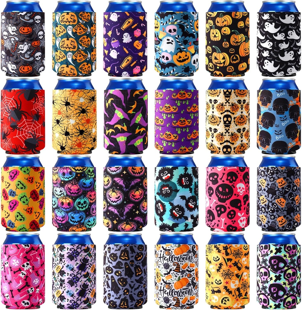 24 Pcs Halloween Beer Can Cooler Sleeves 12 oz Soda Beer Drink Cooler Sleeve Reusable Neoprene Witch Skull Can Holders Bottle Covers for Halloween Party Supplies (Creepy Color,Patterns)