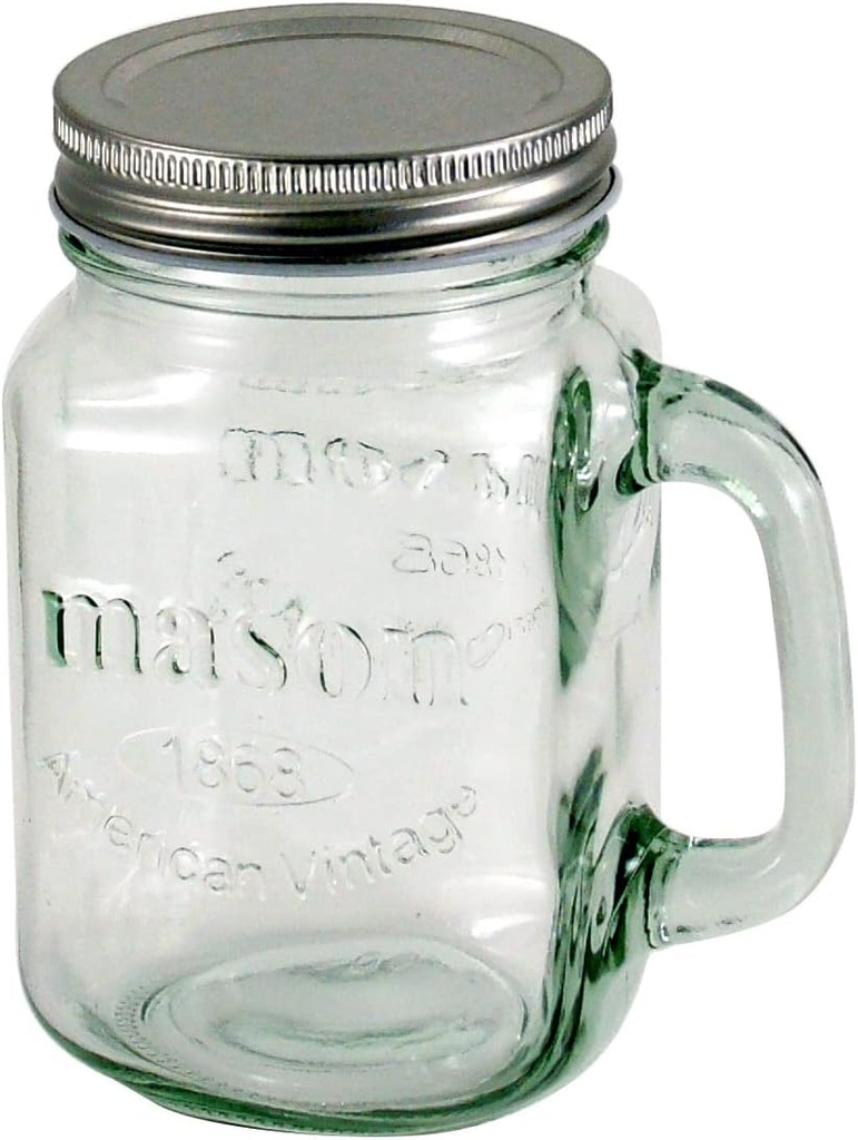 Grant Howard Mason Classics Vintage Glass Jar Mug, Metal Emboss Top, 16 Ounces, Food Storage Canning Container, Clear
