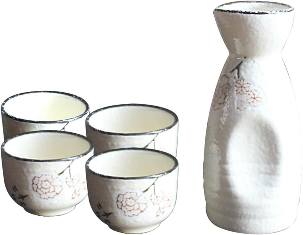 5 Pieces Sake Set, Japanese Snow White Glaze Traditional Retro Ceramics Sake Cup Set, with 1 Sake Pot and 4 Sake Cups, Elegant Design Best Gift for Family and Friends Cups