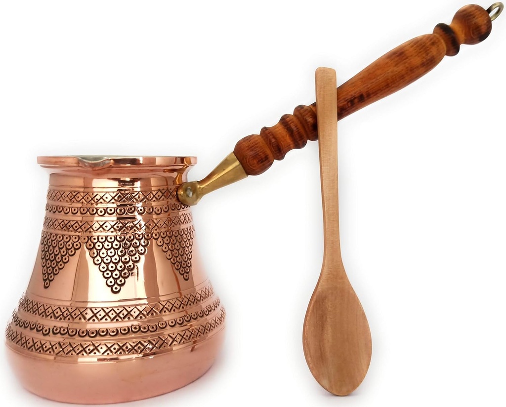 DEDE Copper-2020- PCZ Series (XXLarge-28fl.oz) - Thickest Solid Copper Stamped and Hammered Turkish Greek Arabic Coffee Pot with Wooden Handle, Stovetop Coffee Maker, Cezve, Jezve, Jazva, Ibrik, Briki