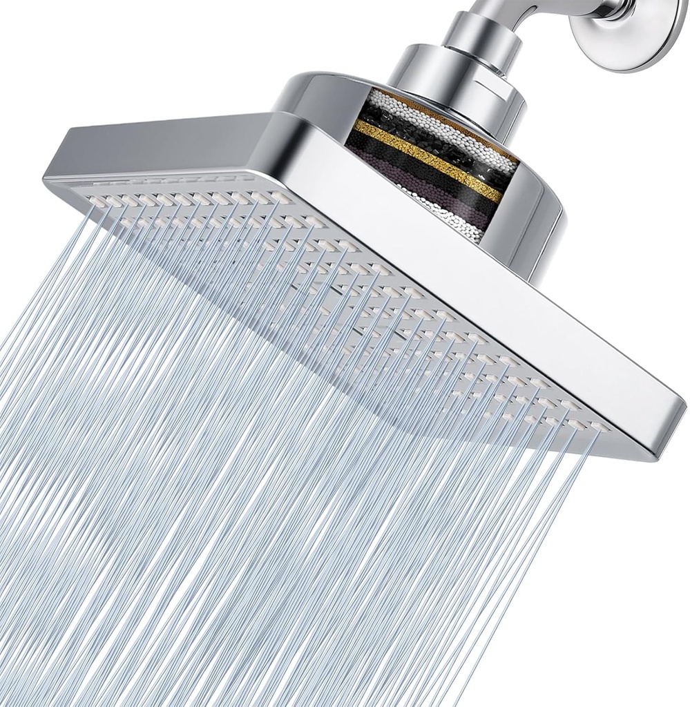 High Pressure Rain Shower Head with Filtered - 6" Square Showerhead Filter for Remove Chlorine and Harmful Substances, Improve Hair and Skin Problems, Chrome