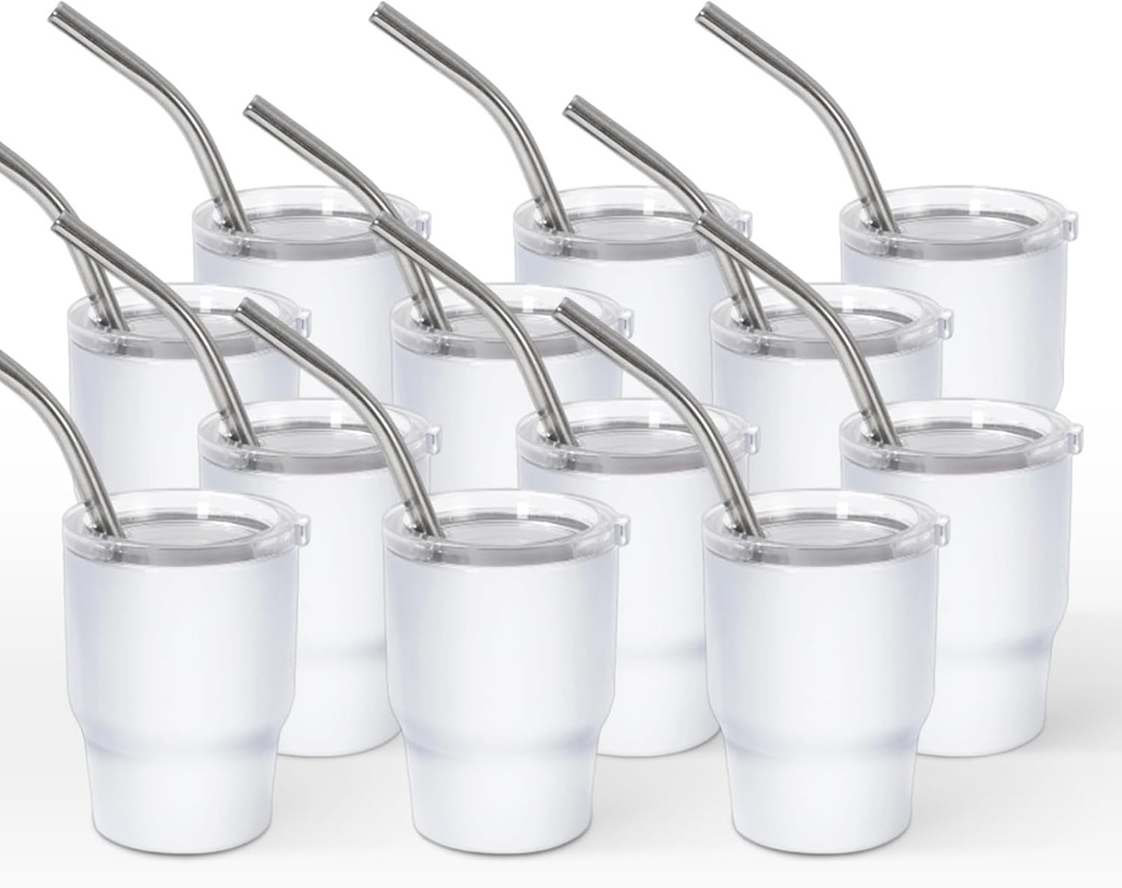 Whaline 12Pcs Sublimation Mini Shot Tumblers 2OZ White Shot Glasses with Straws Stainless Steel Party Cups for Home Bar Tea Coffee Cocktails Drinks Gift Supplies
