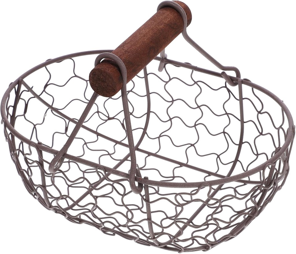 Angoily Wire Egg Basket, Round Egg Collecting Basket with Wooden Handle, Cherry Fruit Basket for Farm Fresh, Holder Countertop Gathering Basket, Kitchen Decor