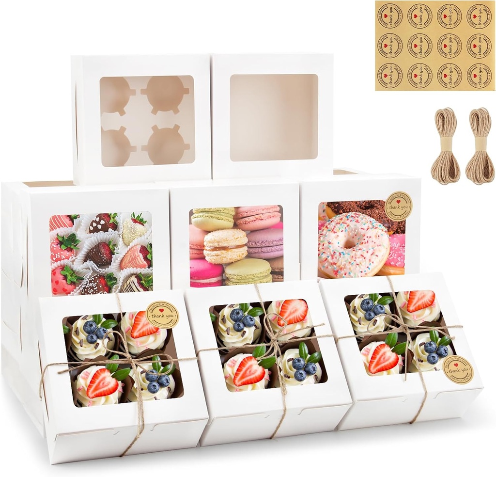 OAMCEG 50 PCS White Cupcake Boxes with Window, 6x6x3 Inch Cookie Boxes, Bakery Containers for Pastry, Dessert, Chocolate Strawberries, Treat Boxes with Stickers & Jute Twine