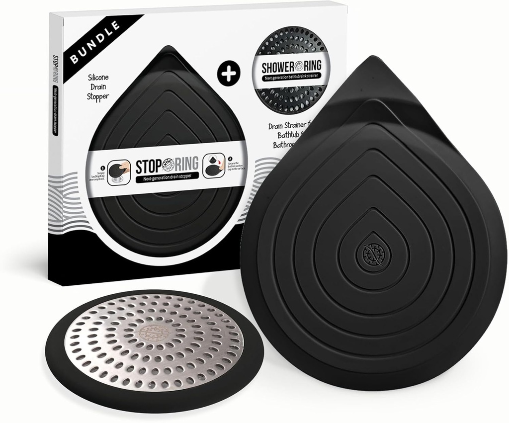 Drain Hair Catcher & Stopper Combo – Tub ShowerRing + StopRing Set for Bathtub & Sink | Stainless Steel Strainer + Silicone Drain Plug | Clog-Free, Universal Fit (Black, 2 Pack)