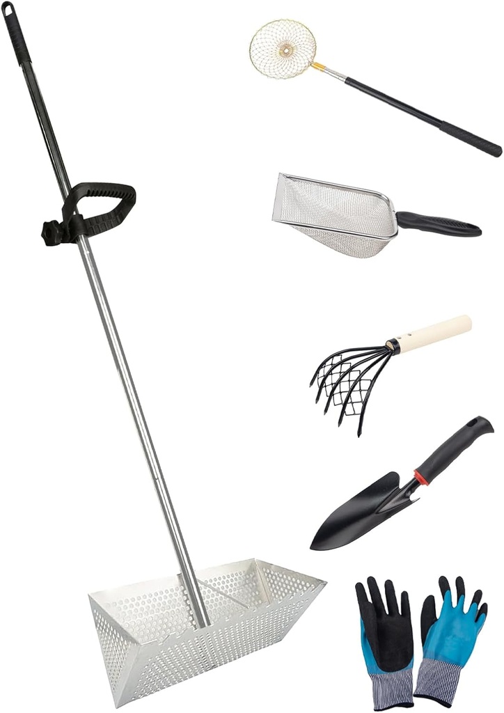 Sand Fleas Rake Set,Detachable 47 Inches Long Handle,Includes 1pcs Sand Flea Rake,1pcs Sand Sifter,1pcs Beach Mesh Shovel,1pcs Black Beach Shovel,1pcs Claw Rake with Mesh Net,One Pair of Gloves