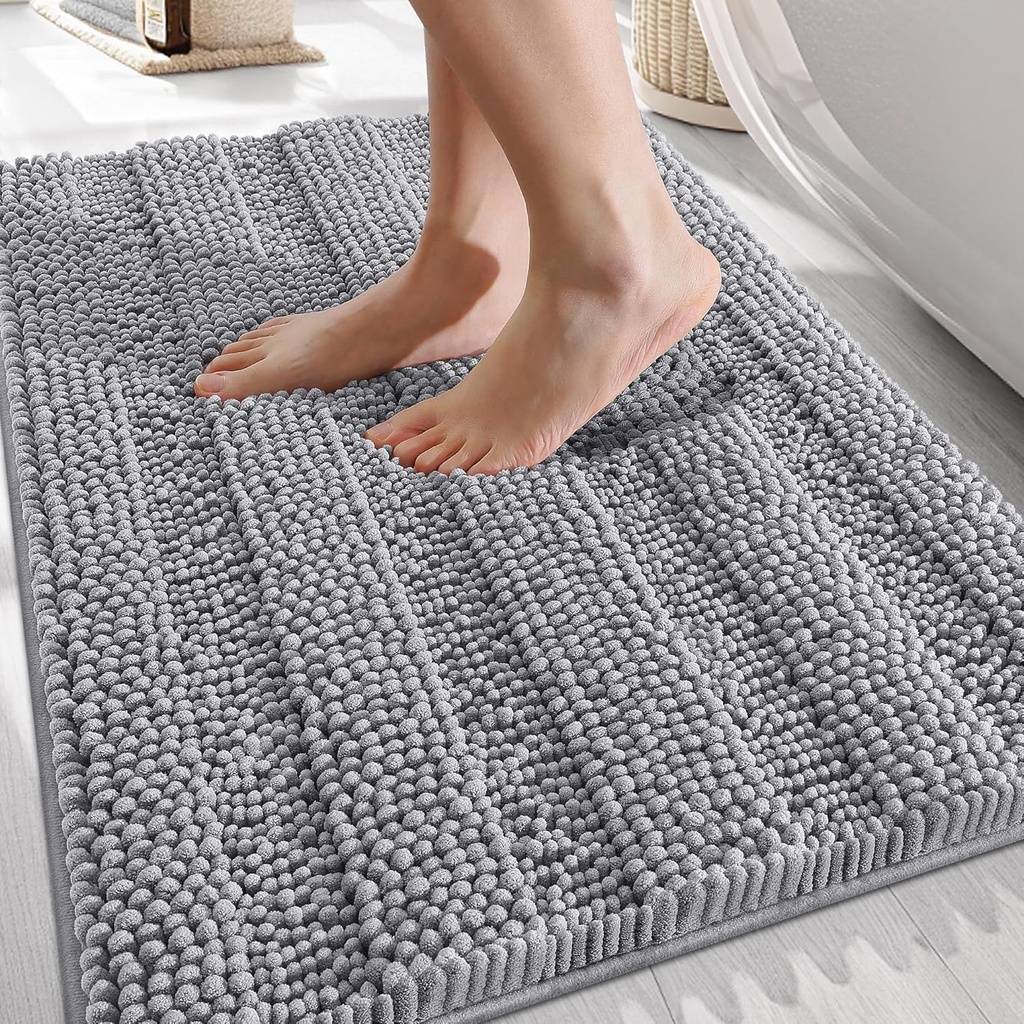 OLANLY Thick Bathroom Rugs 30x20, Extra Soft Absorbent Chenille Striped Bath Rugs, Rubber Backing, Machine Wash Dry, Bath Mats for Bathroom Floor, Tub and Shower, Home Decor Accessories, Grey